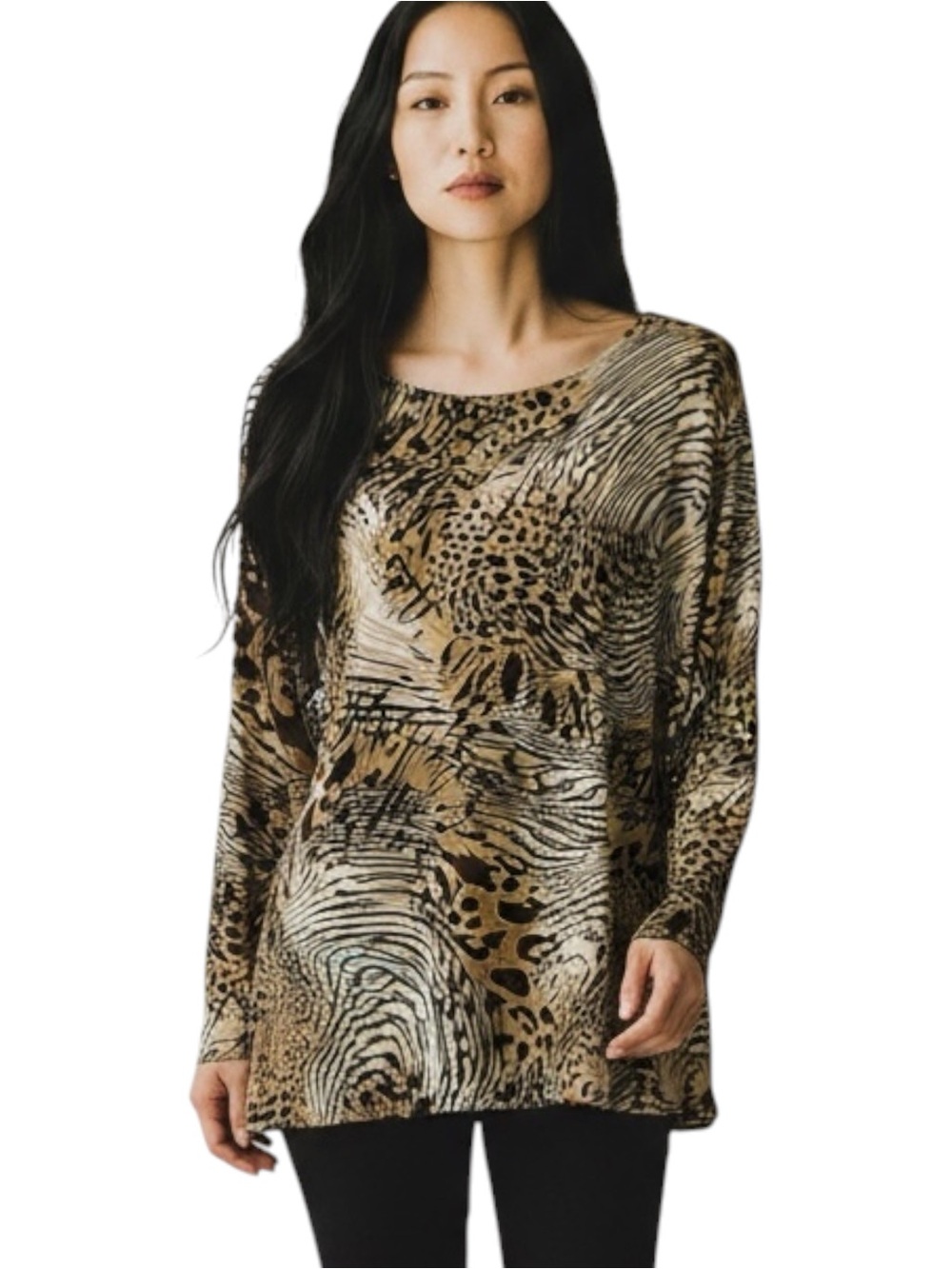 Susan Lawrence Vintage Animal Print Long Sleeve Knit Top Brown Tan Teal Size 2X